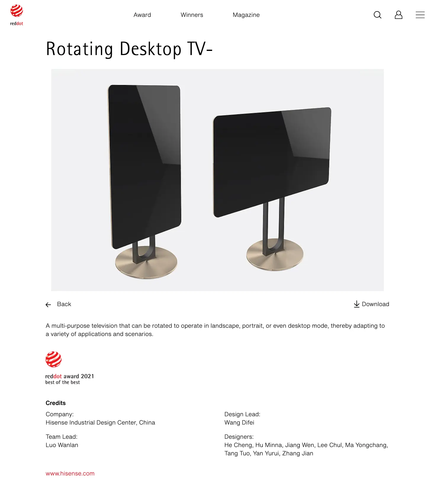 Red Dot Design Award: Rotating Desktop TV-